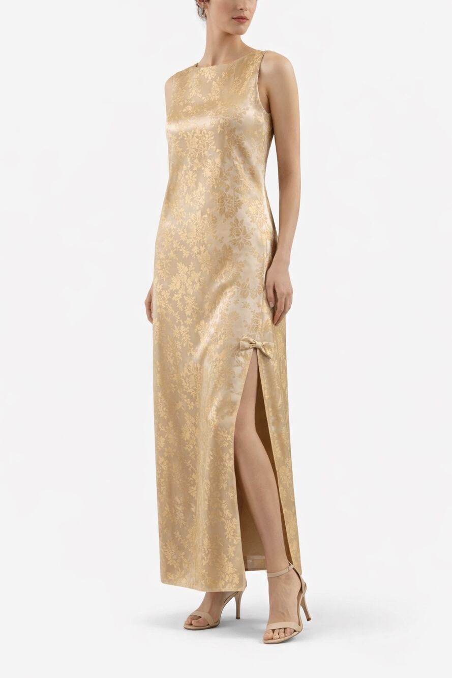 Vintage 1960s Gold Satin Damask sleeveless maxi Dress size large